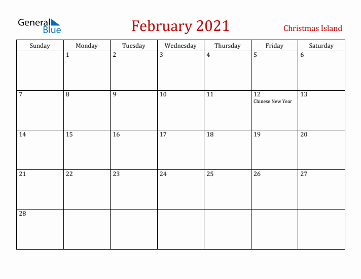 Christmas Island February 2021 Calendar - Sunday Start