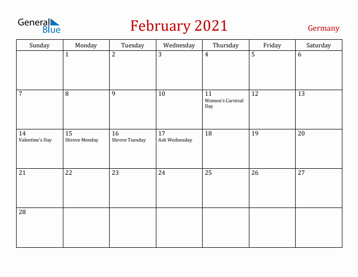 Germany February 2021 Calendar - Sunday Start