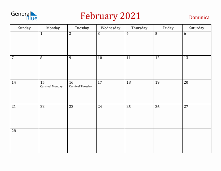 Dominica February 2021 Calendar - Sunday Start