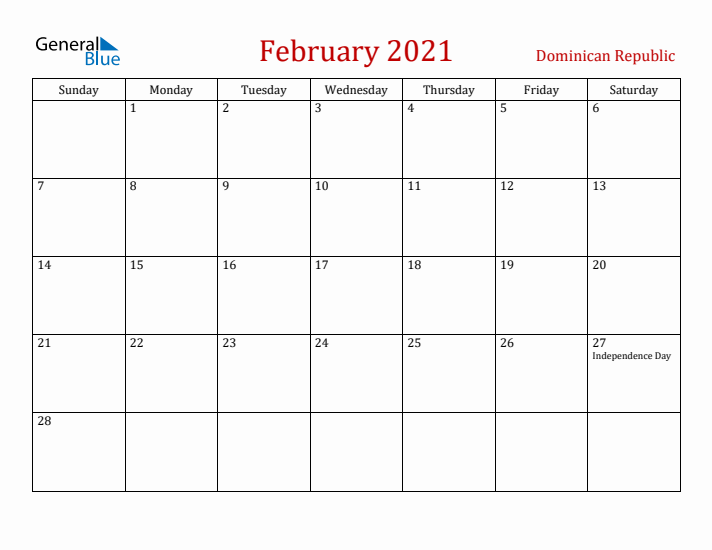 Dominican Republic February 2021 Calendar - Sunday Start