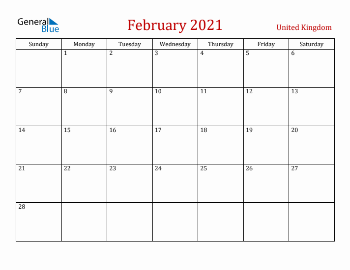 United Kingdom February 2021 Calendar - Sunday Start