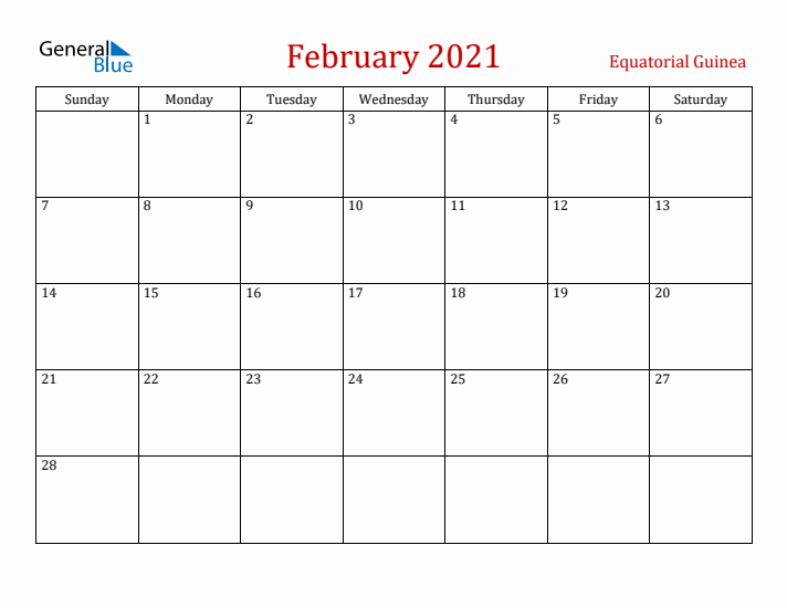 Equatorial Guinea February 2021 Calendar - Sunday Start