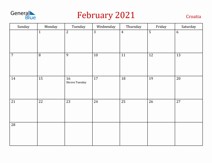 Croatia February 2021 Calendar - Sunday Start