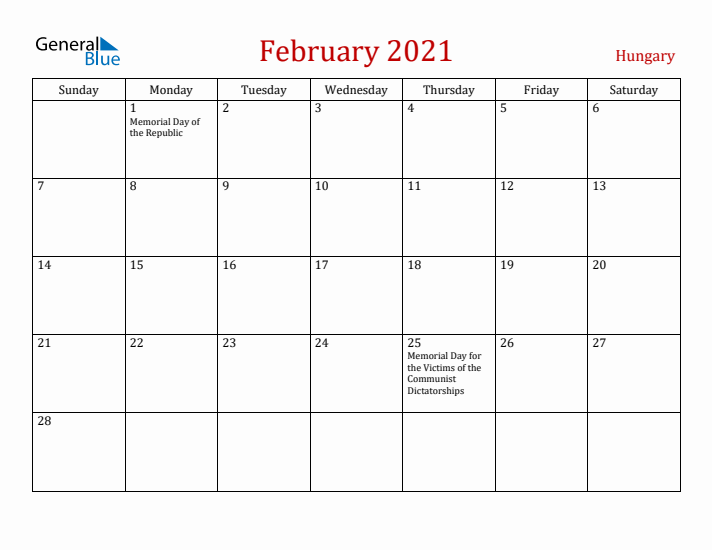 Hungary February 2021 Calendar - Sunday Start
