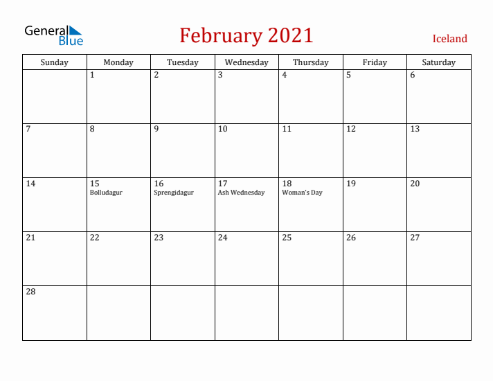Iceland February 2021 Calendar - Sunday Start
