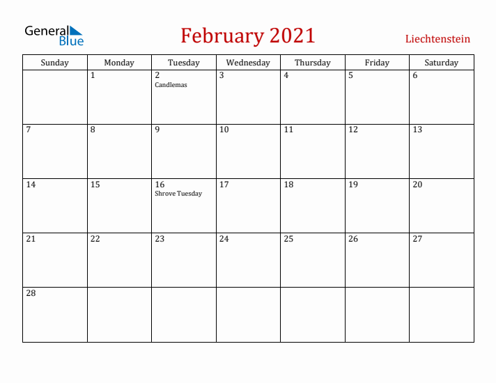 Liechtenstein February 2021 Calendar - Sunday Start