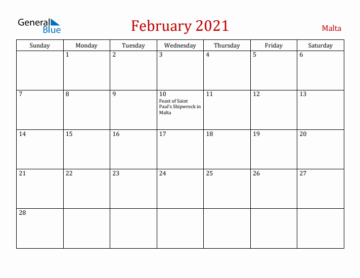 Malta February 2021 Calendar - Sunday Start