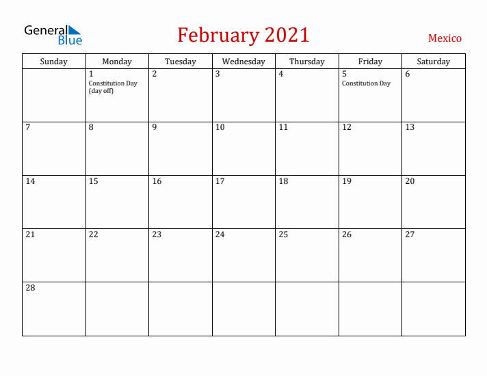 Mexico February 2021 Calendar - Sunday Start