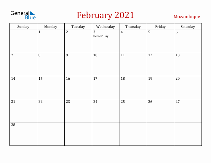 Mozambique February 2021 Calendar - Sunday Start
