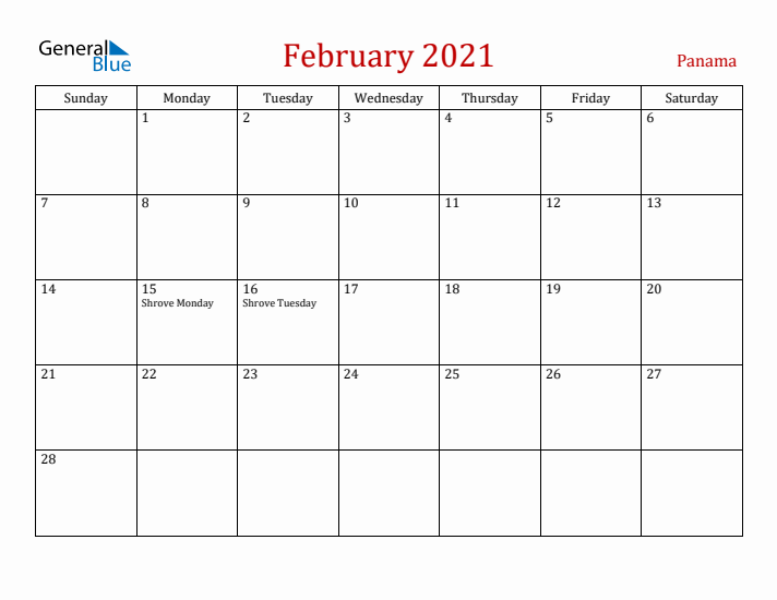 Panama February 2021 Calendar - Sunday Start