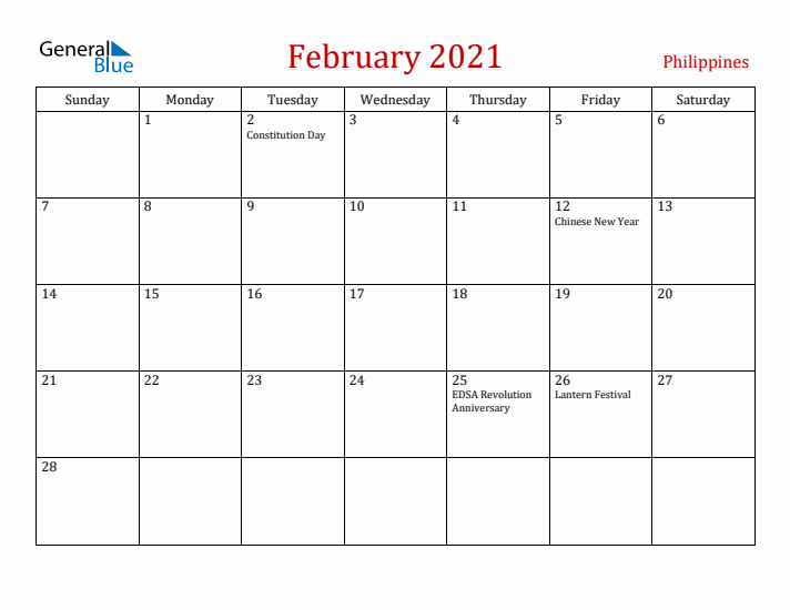 Philippines February 2021 Calendar - Sunday Start