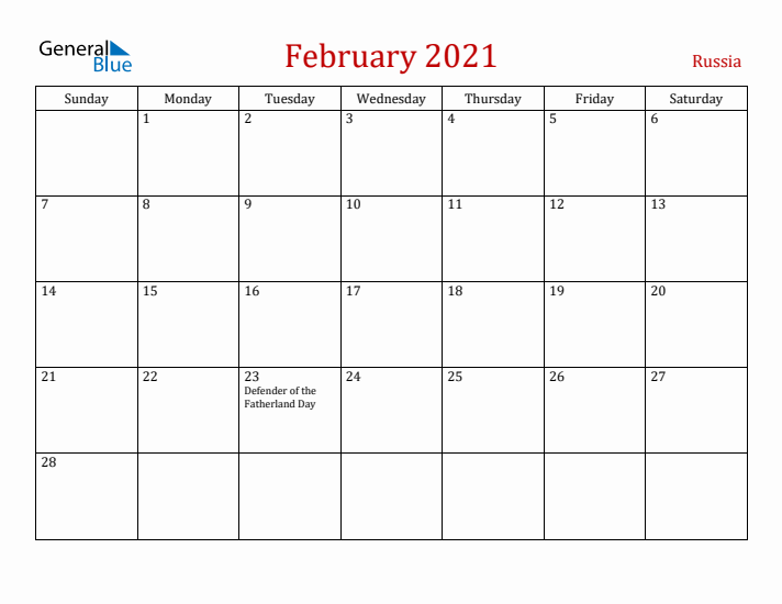 Russia February 2021 Calendar - Sunday Start
