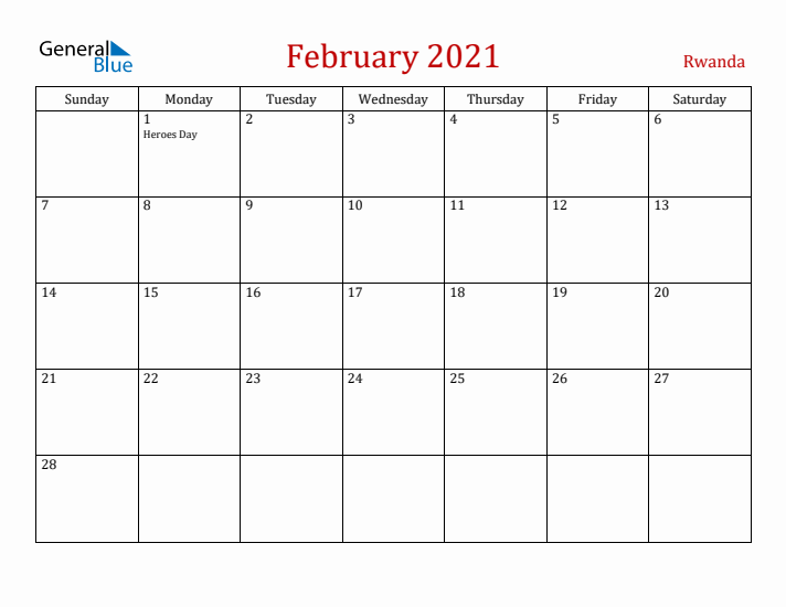 Rwanda February 2021 Calendar - Sunday Start