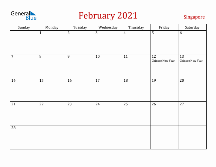 Singapore February 2021 Calendar - Sunday Start