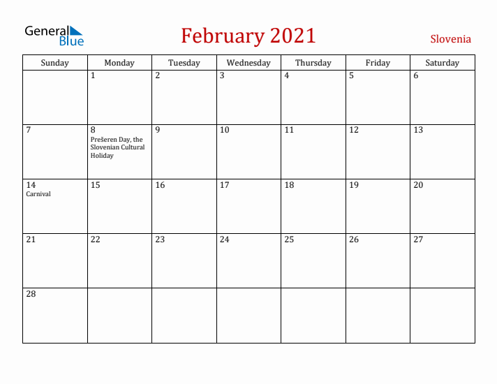 Slovenia February 2021 Calendar - Sunday Start