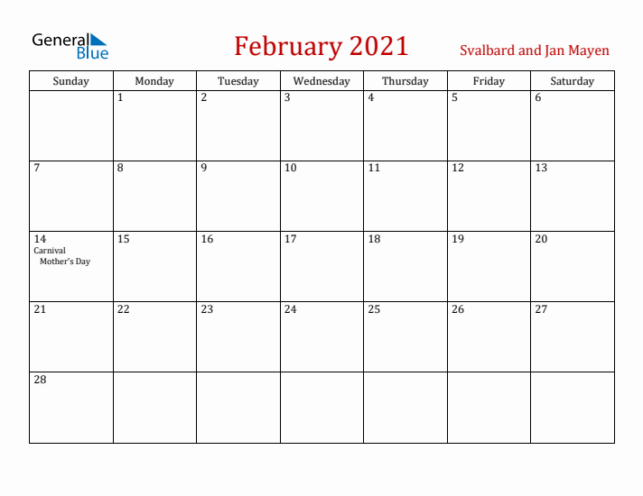 Svalbard and Jan Mayen February 2021 Calendar - Sunday Start