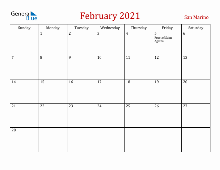 San Marino February 2021 Calendar - Sunday Start
