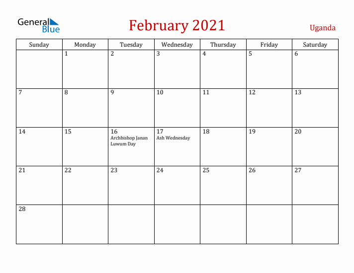 Uganda February 2021 Calendar - Sunday Start