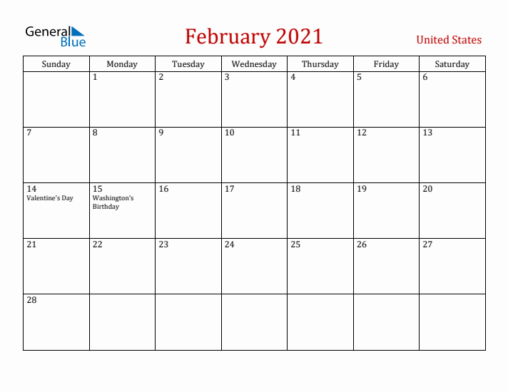 United States February 2021 Calendar - Sunday Start