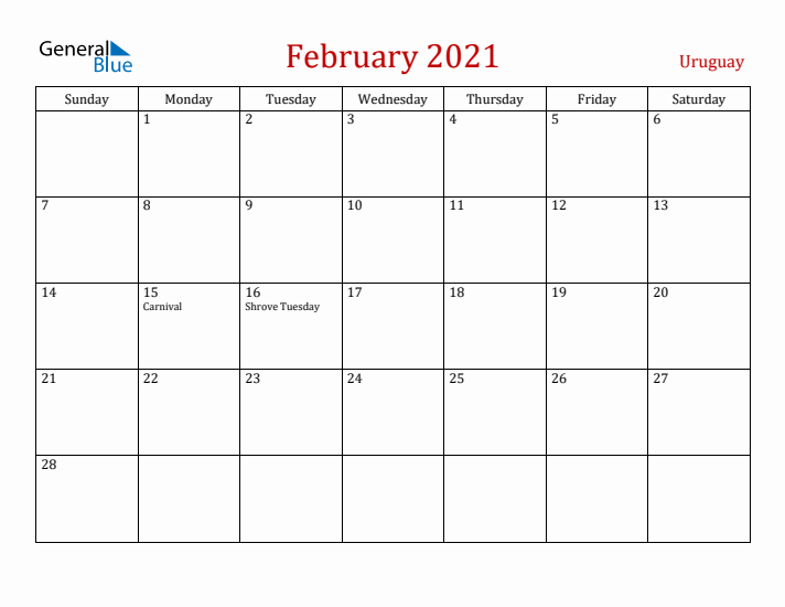 Uruguay February 2021 Calendar - Sunday Start