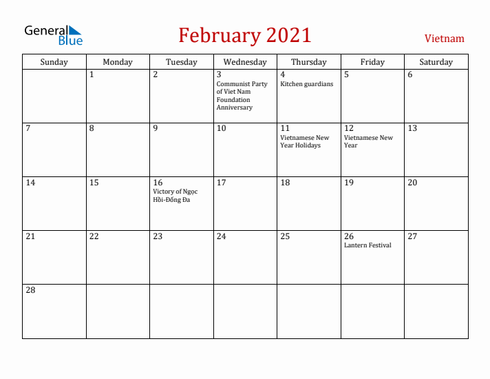 Vietnam February 2021 Calendar - Sunday Start