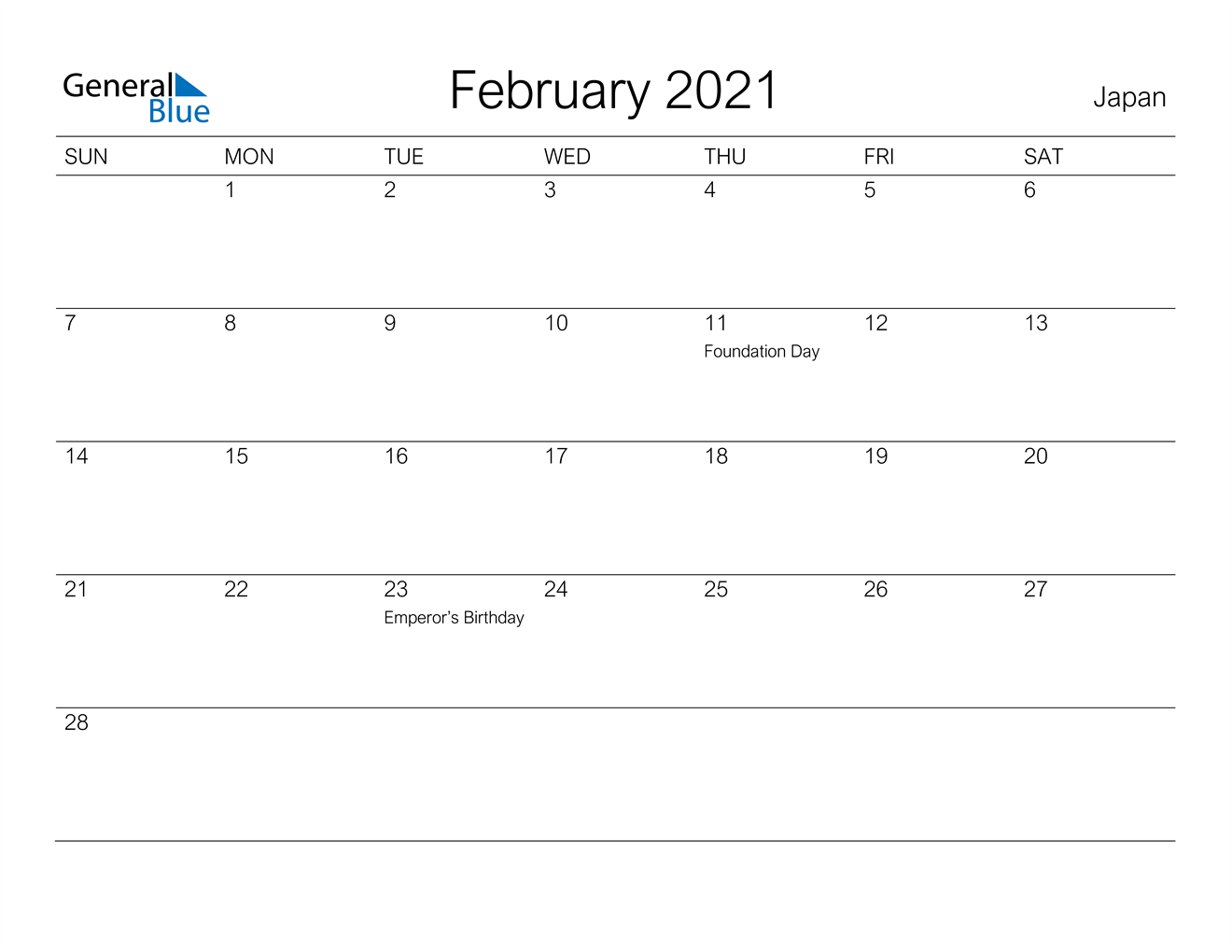 February 2021 Calendar - Japan