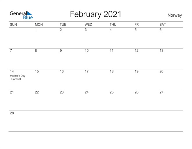 Printable February 2021 Calendar for Norway