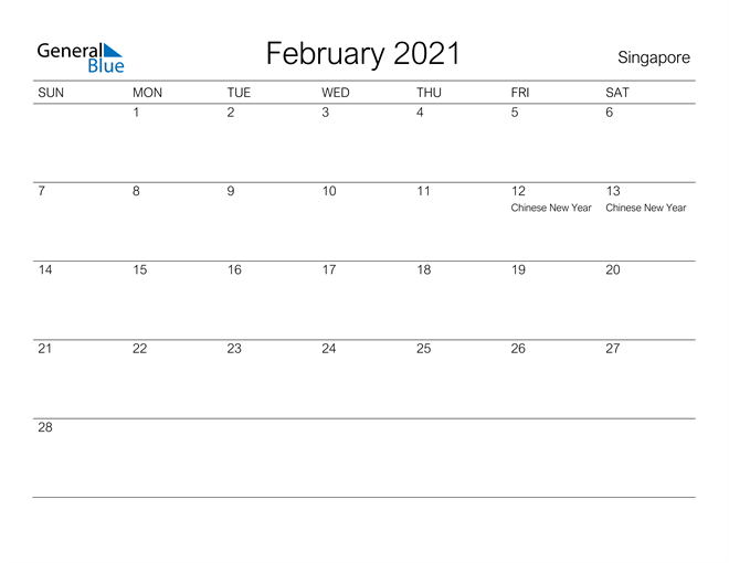 February 2021 Calendar - Singapore