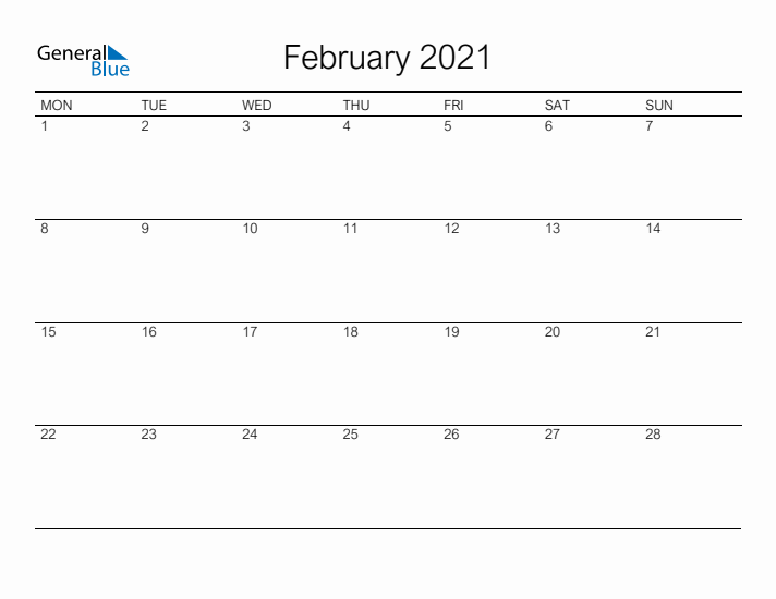 Printable February 2021 Calendar - Monday Start
