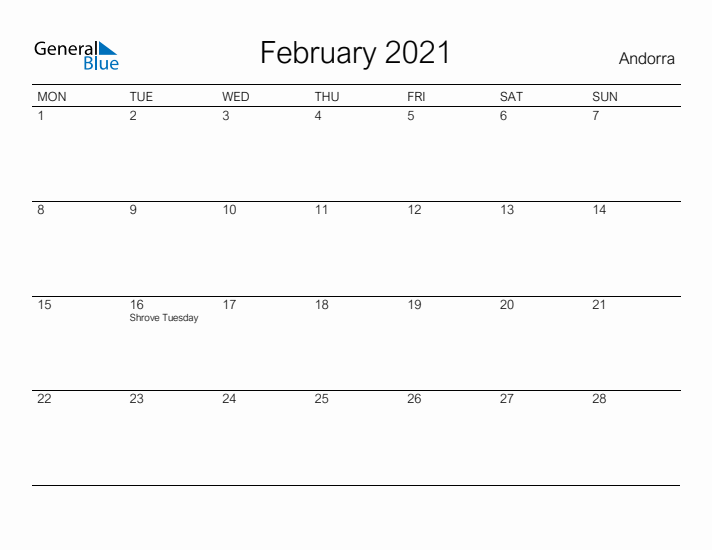Printable February 2021 Calendar for Andorra