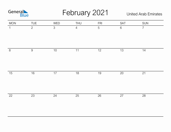 Printable February 2021 Calendar for United Arab Emirates