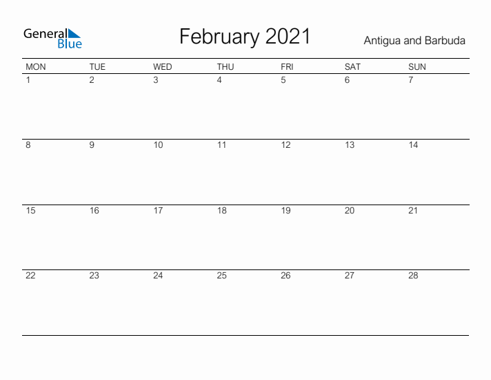 Printable February 2021 Calendar for Antigua and Barbuda