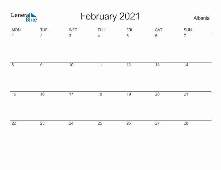 Printable February 2021 Calendar for Albania