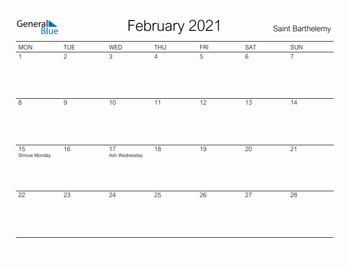 Printable February 2021 Calendar for Saint Barthelemy