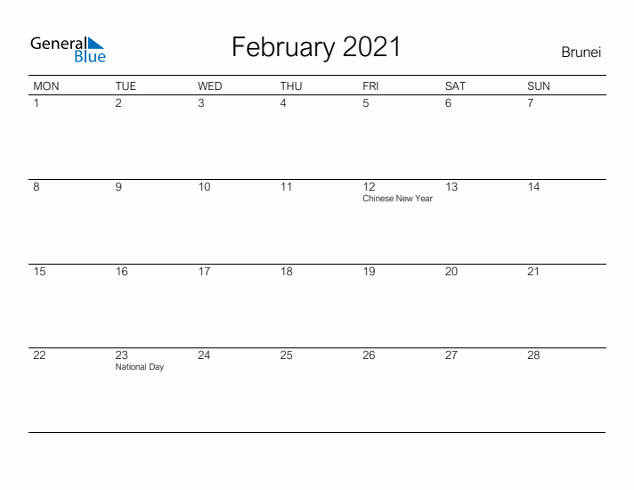 Printable February 2021 Calendar for Brunei
