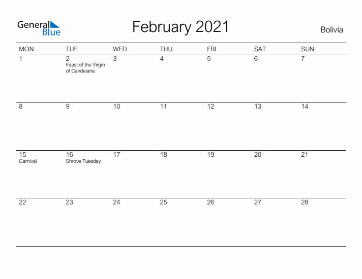 Printable February 2021 Calendar for Bolivia