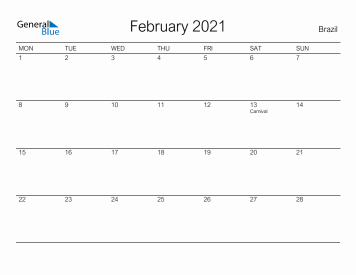 Printable February 2021 Calendar for Brazil