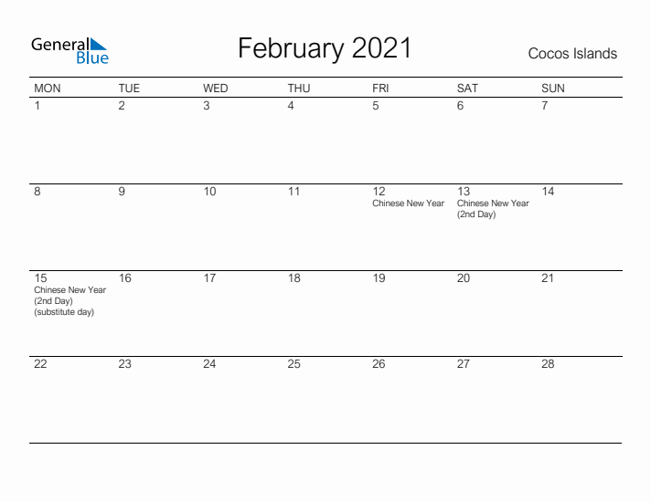 Printable February 2021 Calendar for Cocos Islands