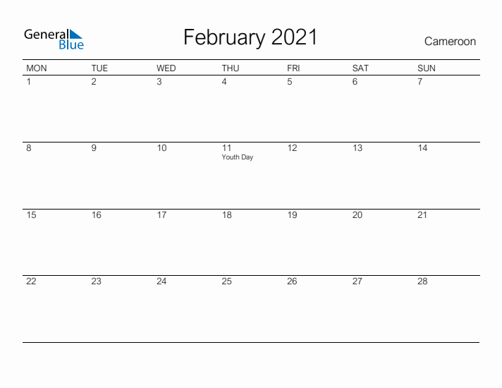 Printable February 2021 Calendar for Cameroon