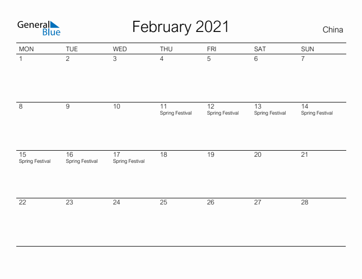 Printable February 2021 Calendar for China