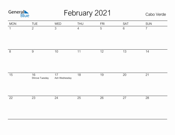 Printable February 2021 Calendar for Cabo Verde
