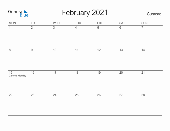 Printable February 2021 Calendar for Curacao