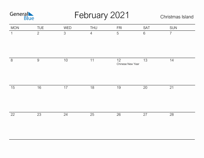 Printable February 2021 Calendar for Christmas Island