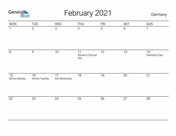 Printable February 2021 Calendar for Germany