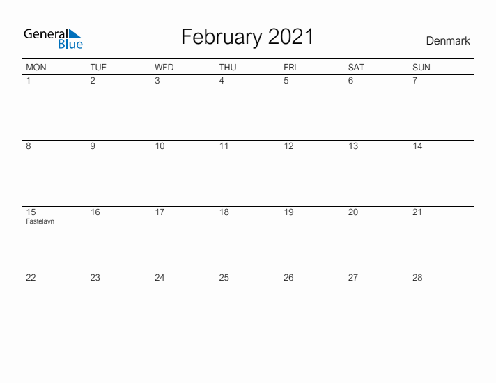 Printable February 2021 Calendar for Denmark