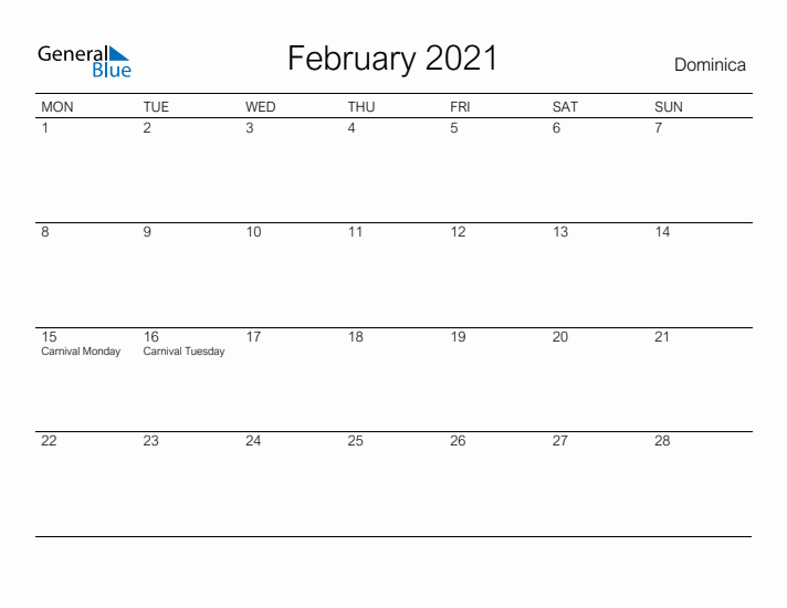 Printable February 2021 Calendar for Dominica
