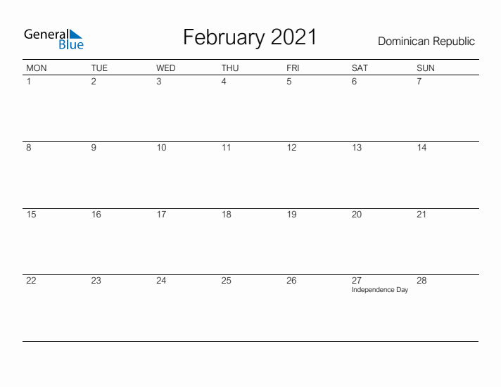 Printable February 2021 Calendar for Dominican Republic