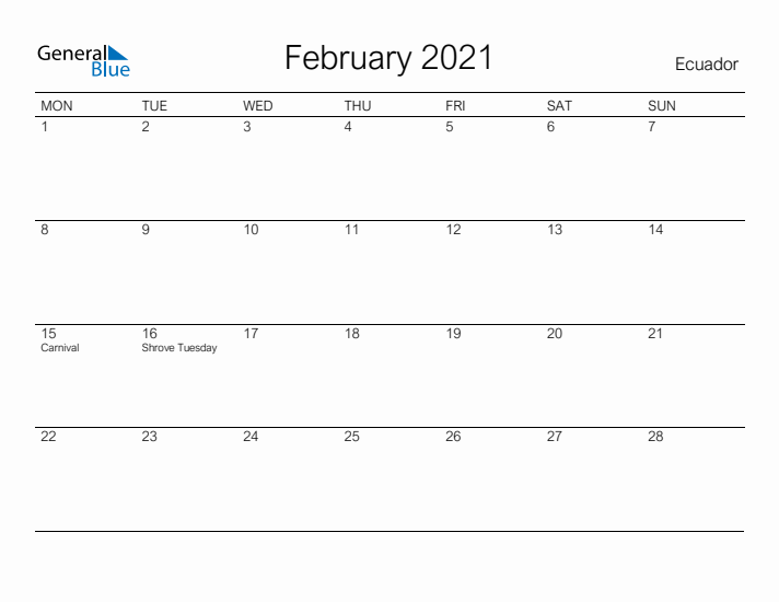 Printable February 2021 Calendar for Ecuador