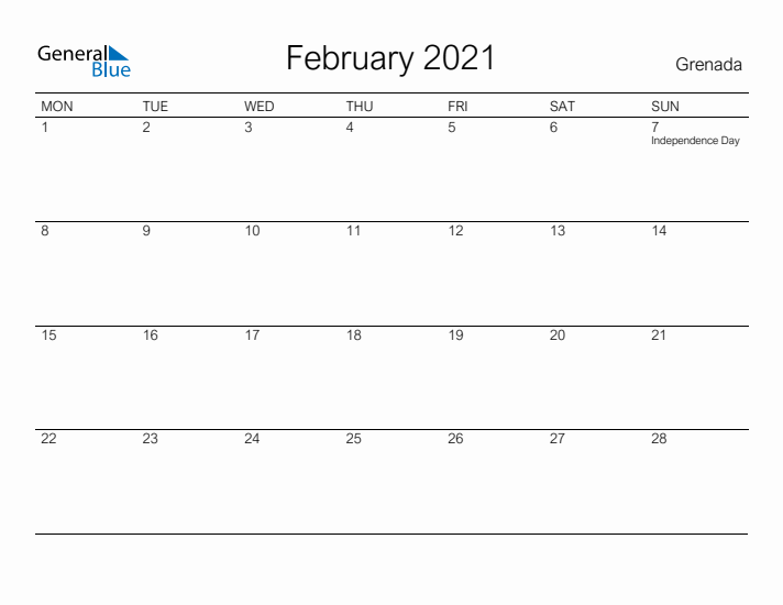 Printable February 2021 Calendar for Grenada