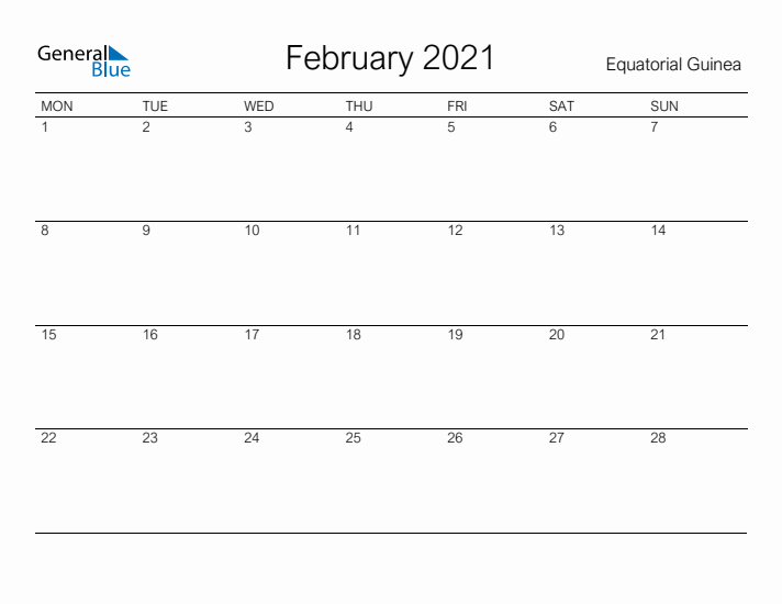 Printable February 2021 Calendar for Equatorial Guinea